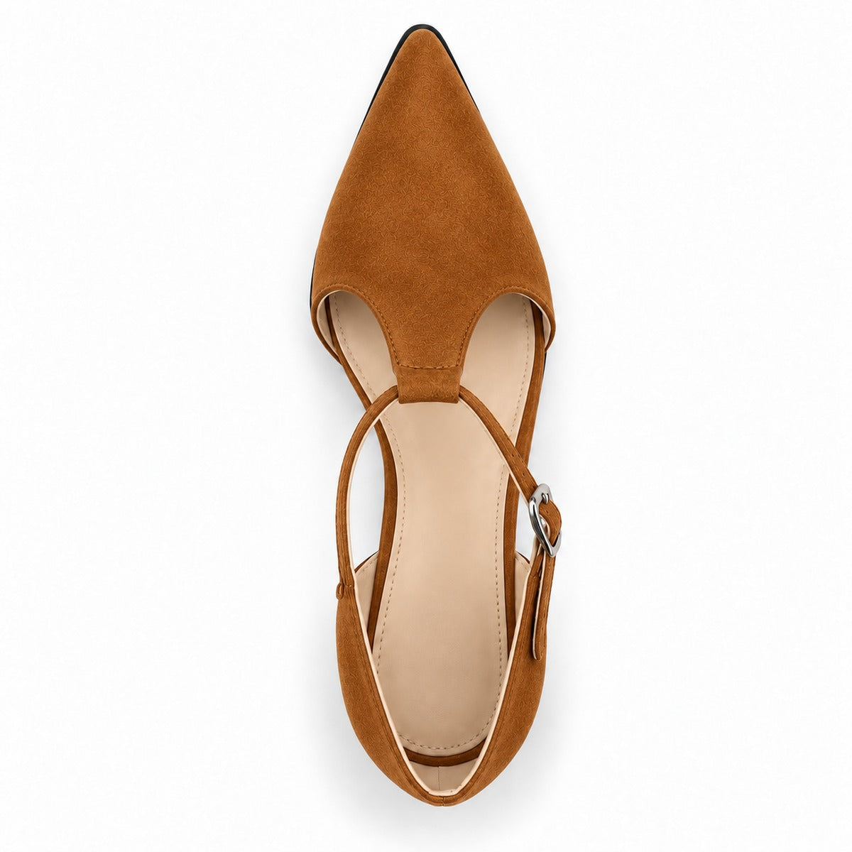 Havana suede T-strap heels with wide strap, silver buckle and 5 cm flared heel, top view — ECADRA