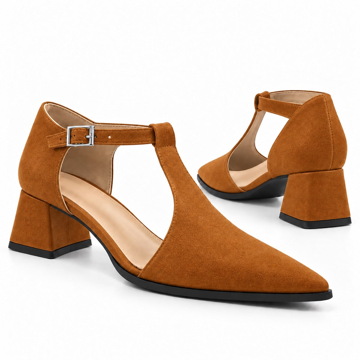Havana suede T-strap heels with wide strap, silver buckle and 5 cm flared heel, the pair — ECADRA