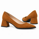 Havana suede pointed pump with low 5 cm flared block heel, the pair — ECADRA