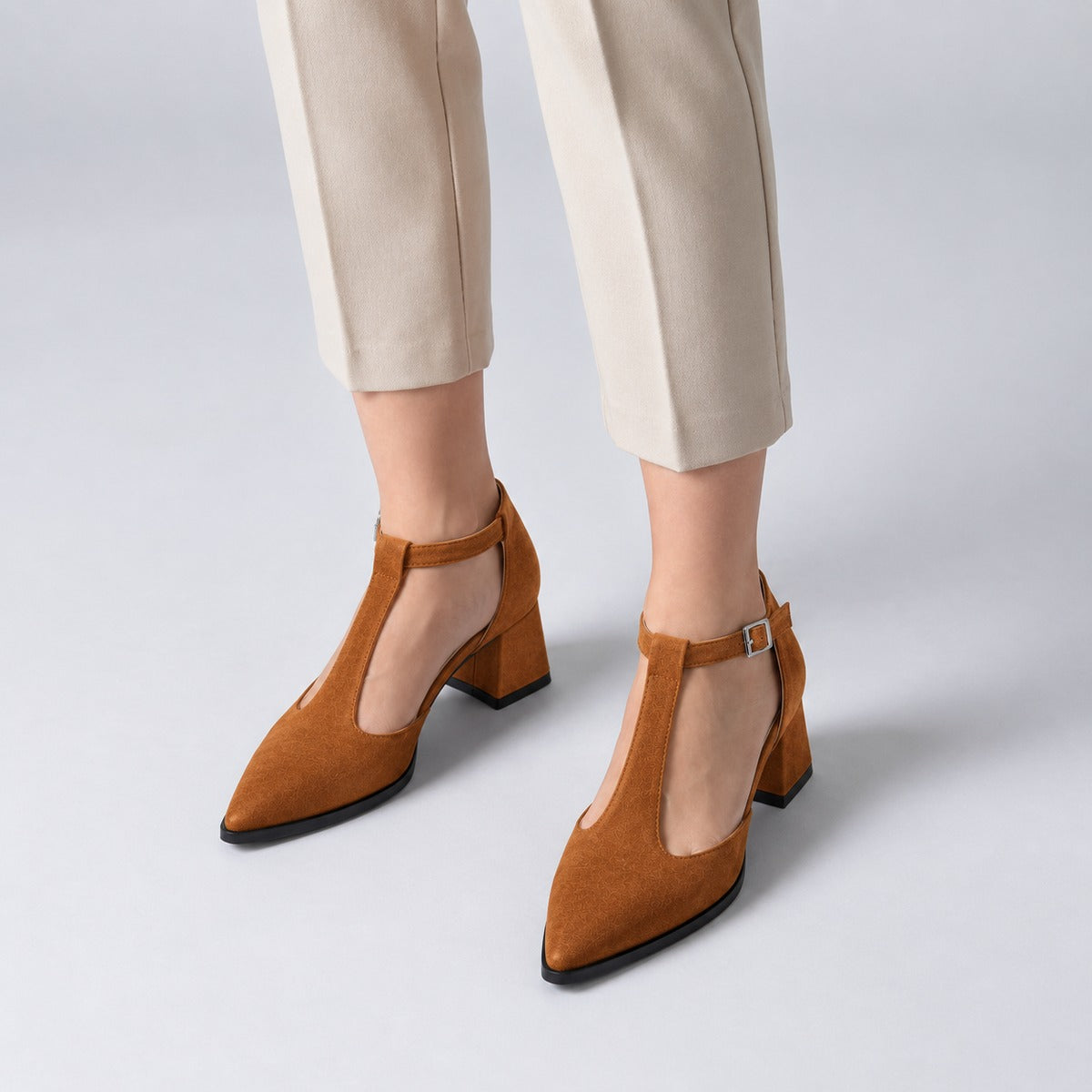 Havana suede T-strap heels with wide strap, silver buckle and 5 cm flared heel, worn on model, front — ECADRA