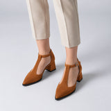 Havana suede T-strap heels with wide strap, silver buckle and 5 cm flared heel, worn on model, front — ECADRA