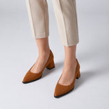 Havana suede pointed pump with low 5 cm flared block heel, worn on model, front — ECADRA