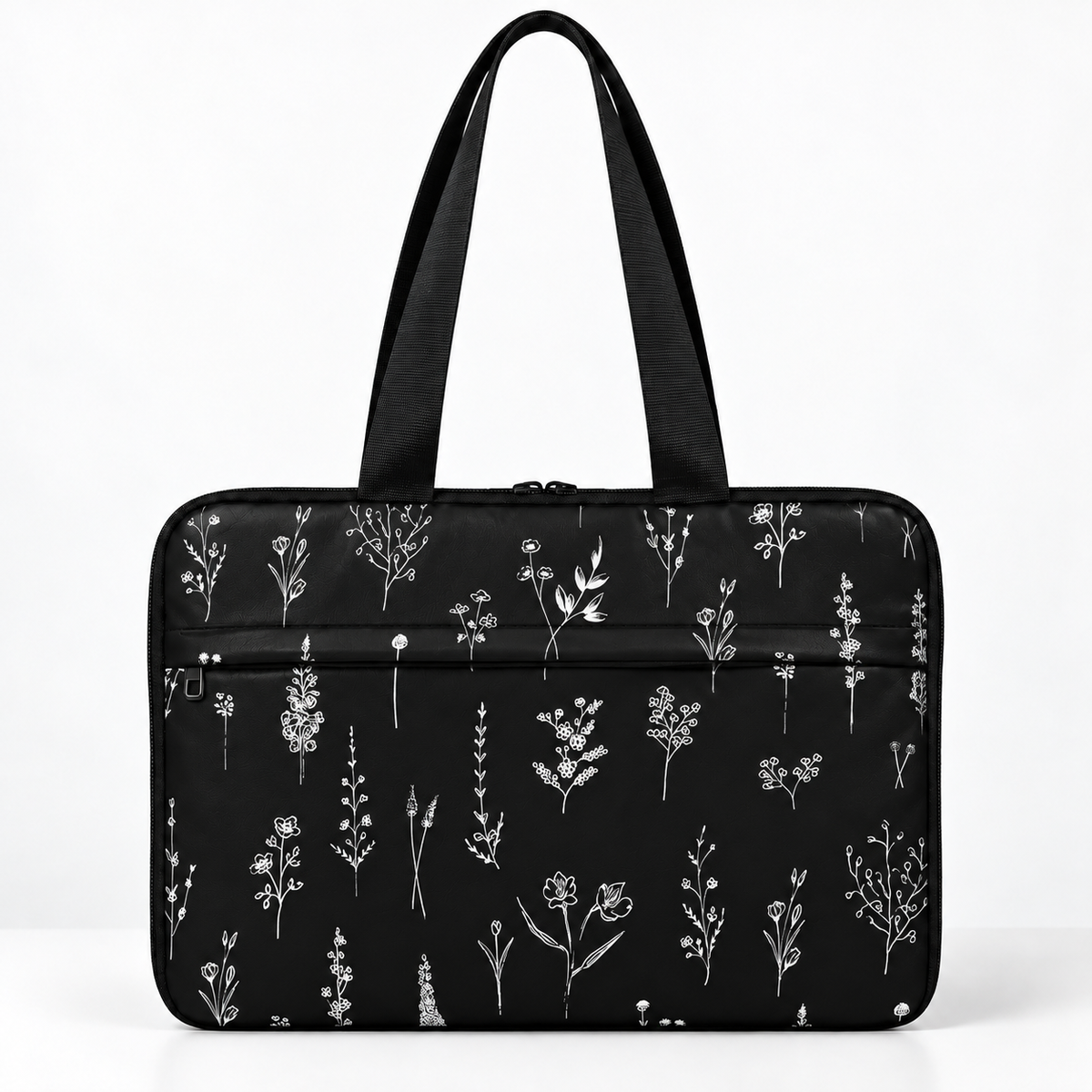 Deadline Laptote – Black Wildflowers – laptop tote bag for women, Black Wildflowers print – شنطة لابتوب حريمي كتف – ECADRA