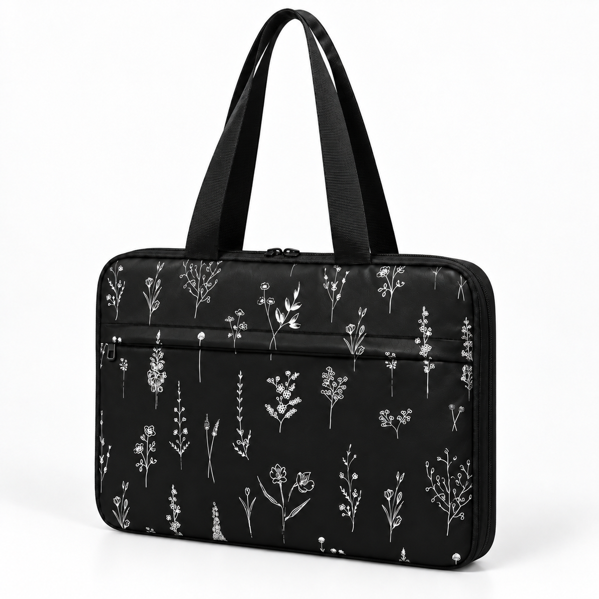 Deadline Laptote – Black Wildflowers – three-quarter view – ECADRA