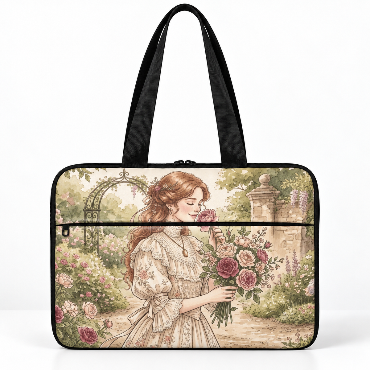 Deadline Laptote – Victorian Rose Garden – laptop tote bag for women, Victorian Rose Garden print – شنطة لابتوب حريمي كتف – ECADRA