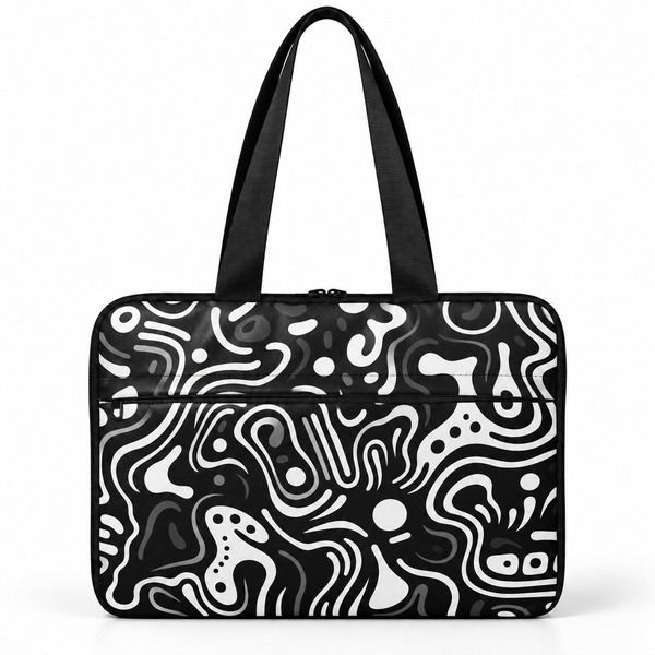 Deadline Laptote – Black & White Abstract – laptop tote bag for women, Black & White Abstract print – شنطة لابتوب حريمي كتف – ECADRA