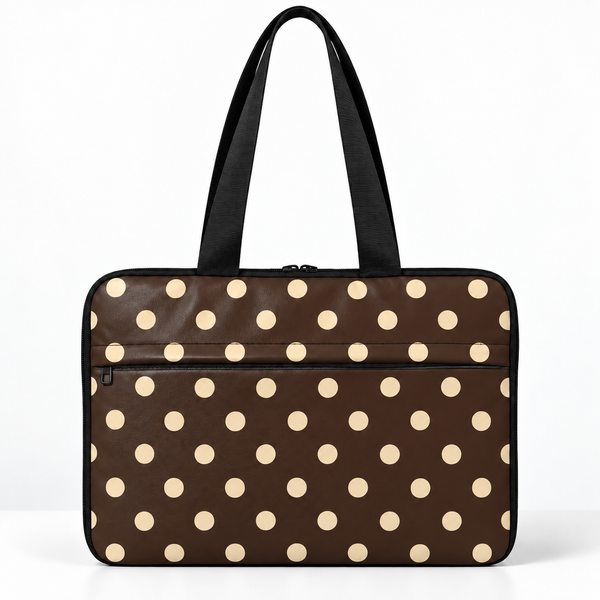 Deadline Laptote – Mocha Dots – laptop tote bag for women, espresso-brown polka dot print – شنطة لابتوب حريمي كتف – ECADRA