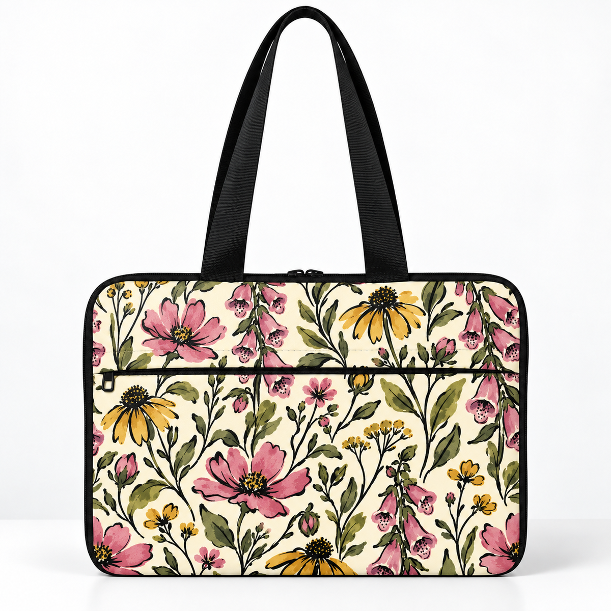 Deadline Laptote – Foxglove Floral – laptop tote bag for women, hand-sketched floral on cream print – شنطة لابتوب حريمي كتف – ECADRA