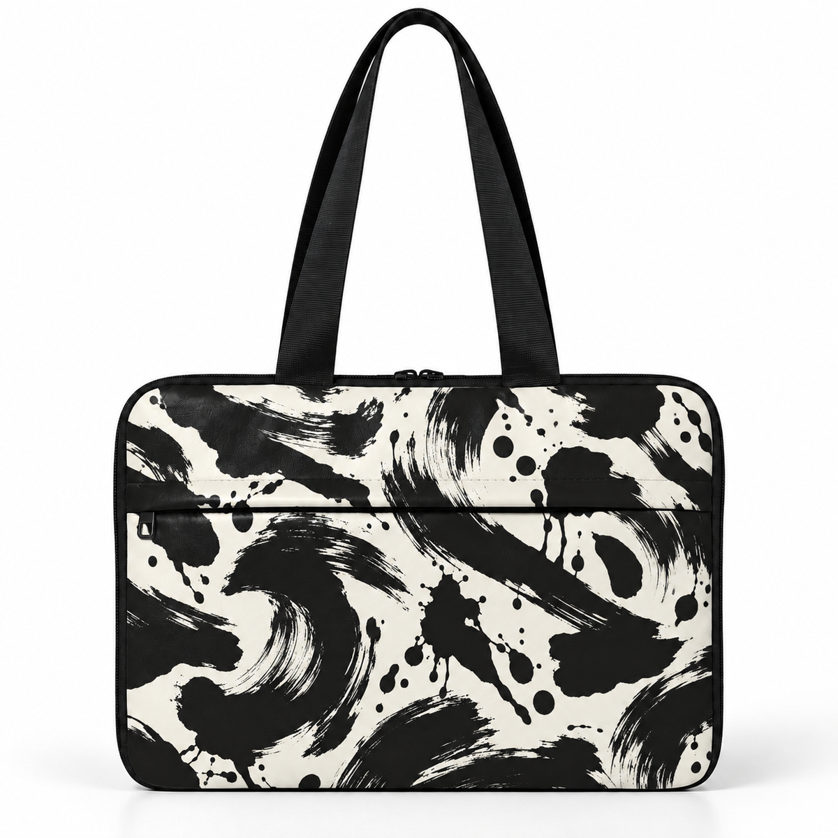 Deadline Laptote – Ink Swish – laptop tote bag for women, black ink-blot abstract print – شنطة لابتوب حريمي كتف – ECADRA