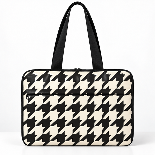 Deadline Laptote – Houndstooth Mono – laptop tote bag for women, black & cream houndstooth print – شنطة لابتوب حريمي كتف – ECADRA