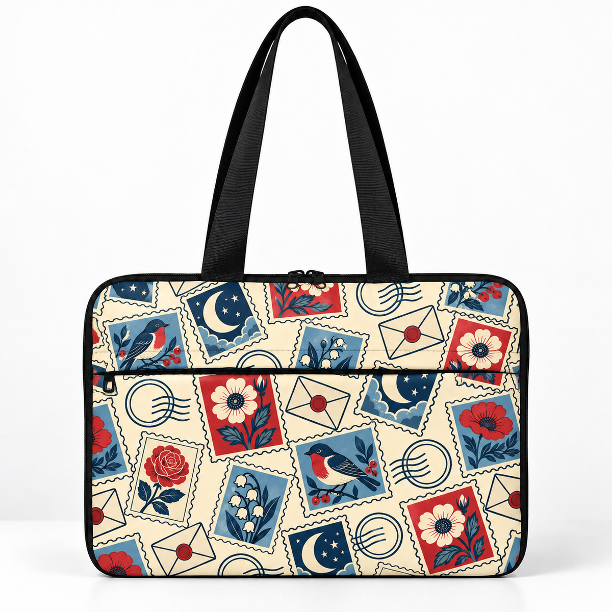Deadline Laptote – Stamped – laptop tote bag for women, pen-pal postage stamps print – شنطة لابتوب حريمي كتف – ECADRA
