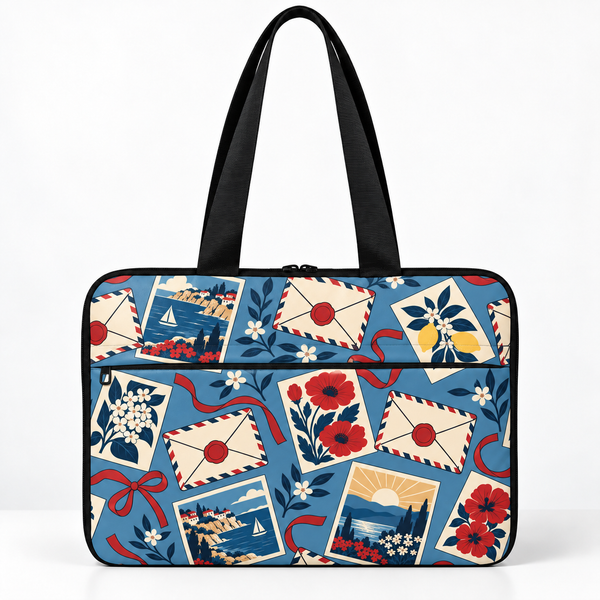 Deadline Laptote – Airmail – laptop tote bag for women, pen-pal letters & airmail print – شنطة لابتوب حريمي كتف – ECADRA
