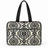 Deadline Laptote – Lace Medallion – laptop tote bag for women, black & cream lace-look (a print, not real lace) print – شنطة لابتوب حريمي كتف – ECADRA