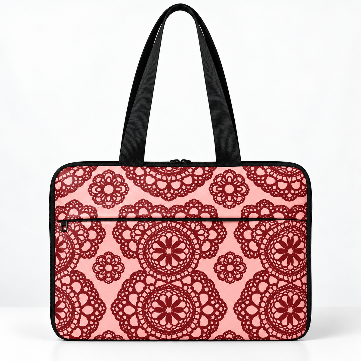 Deadline Laptote – Lace Rosette – laptop tote bag for women, burgundy & blush lace-look (a print, not real lace) print – شنطة لابتوب حريمي كتف – ECADRA