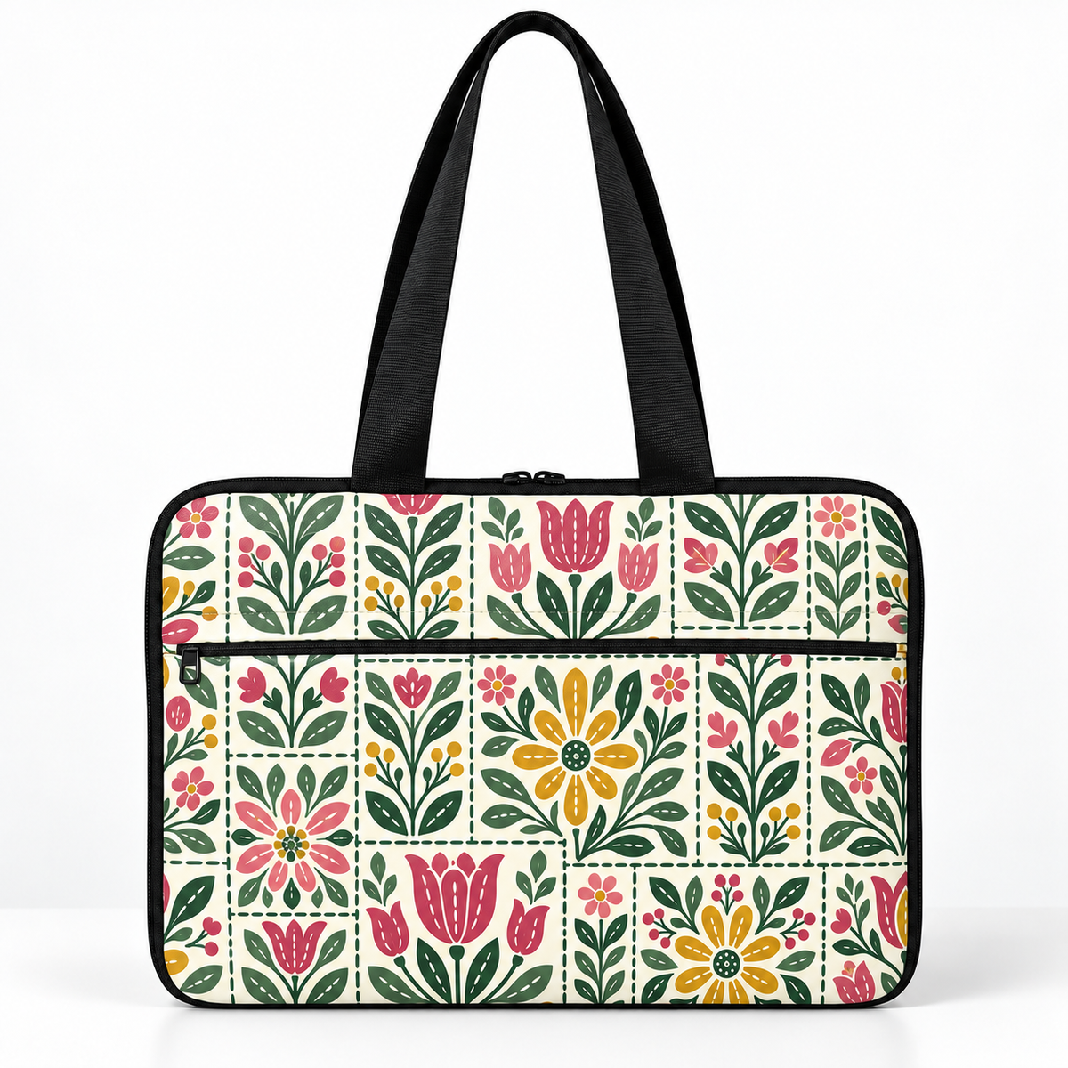 Deadline Laptote – Folk Tiles – laptop tote bag for women, ivory folk-embroidery look (a print, not real embroidery) print – شنطة لابتوب حريمي كتف – ECADRA