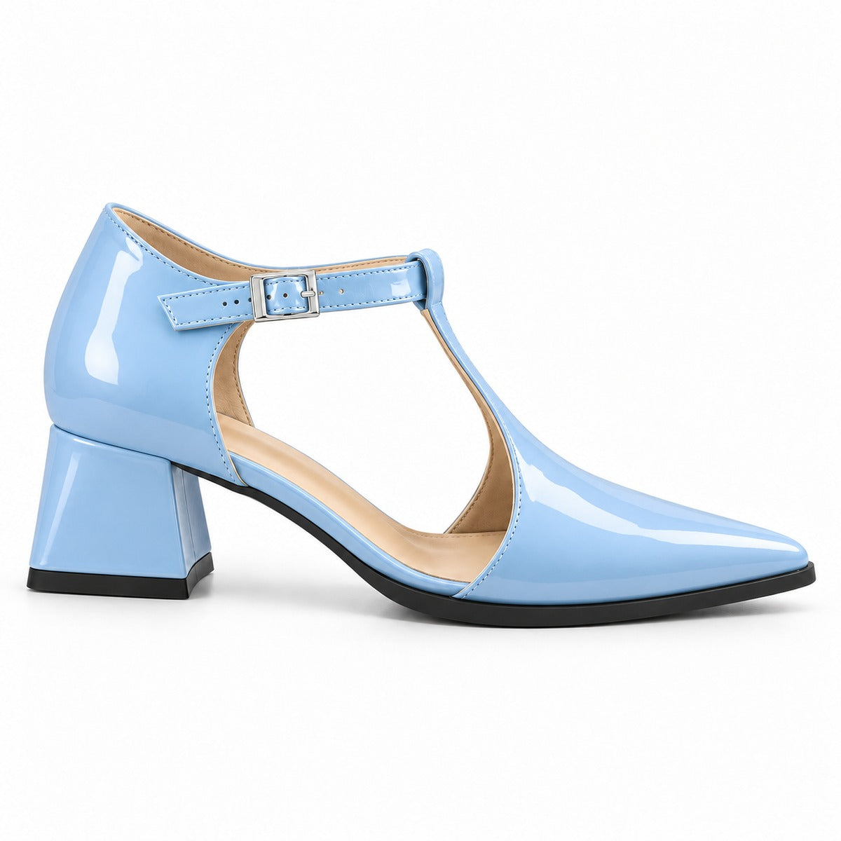 Light Blue gloss T-strap heels with wide strap, silver buckle and 5 cm flared heel, side view — ECADRA