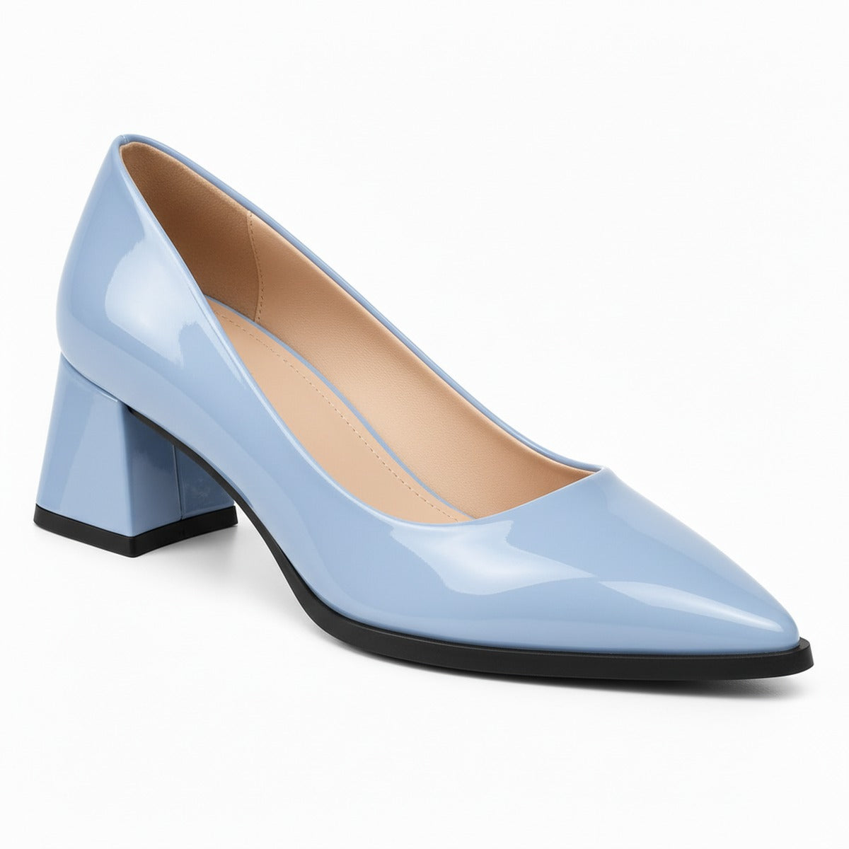 Light Blue gloss pointed pump with low 5 cm flared block heel, front three-quarter view — ECADRA