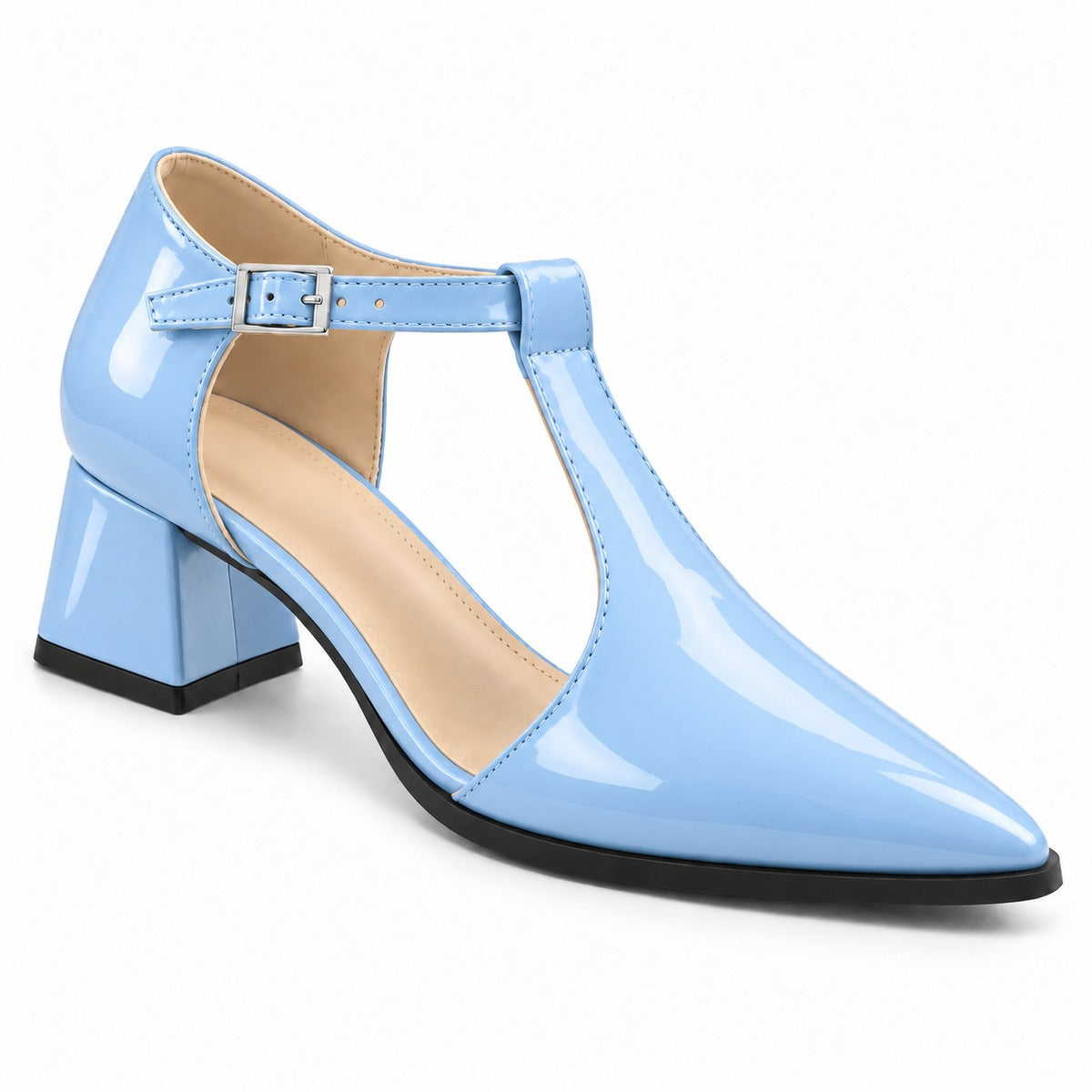 Light Blue gloss T-strap heels with wide strap, silver buckle and 5 cm flared heel, front three-quarter view — ECADRA