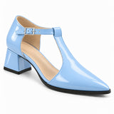 Light Blue gloss T-strap heels with wide strap, silver buckle and 5 cm flared heel, front three-quarter view — ECADRA