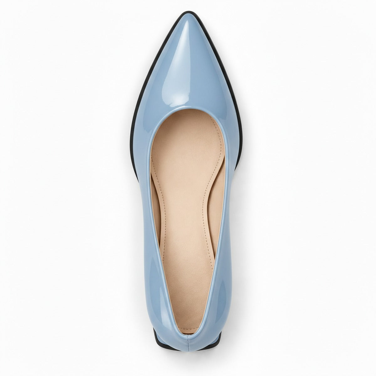 Light Blue gloss pointed pump with low 5 cm flared block heel, top view — ECADRA