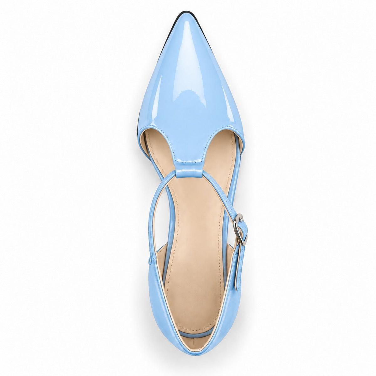 Light Blue gloss T-strap heels with wide strap, silver buckle and 5 cm flared heel, top view — ECADRA