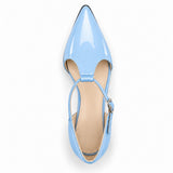 Light Blue gloss T-strap heels with wide strap, silver buckle and 5 cm flared heel, top view — ECADRA