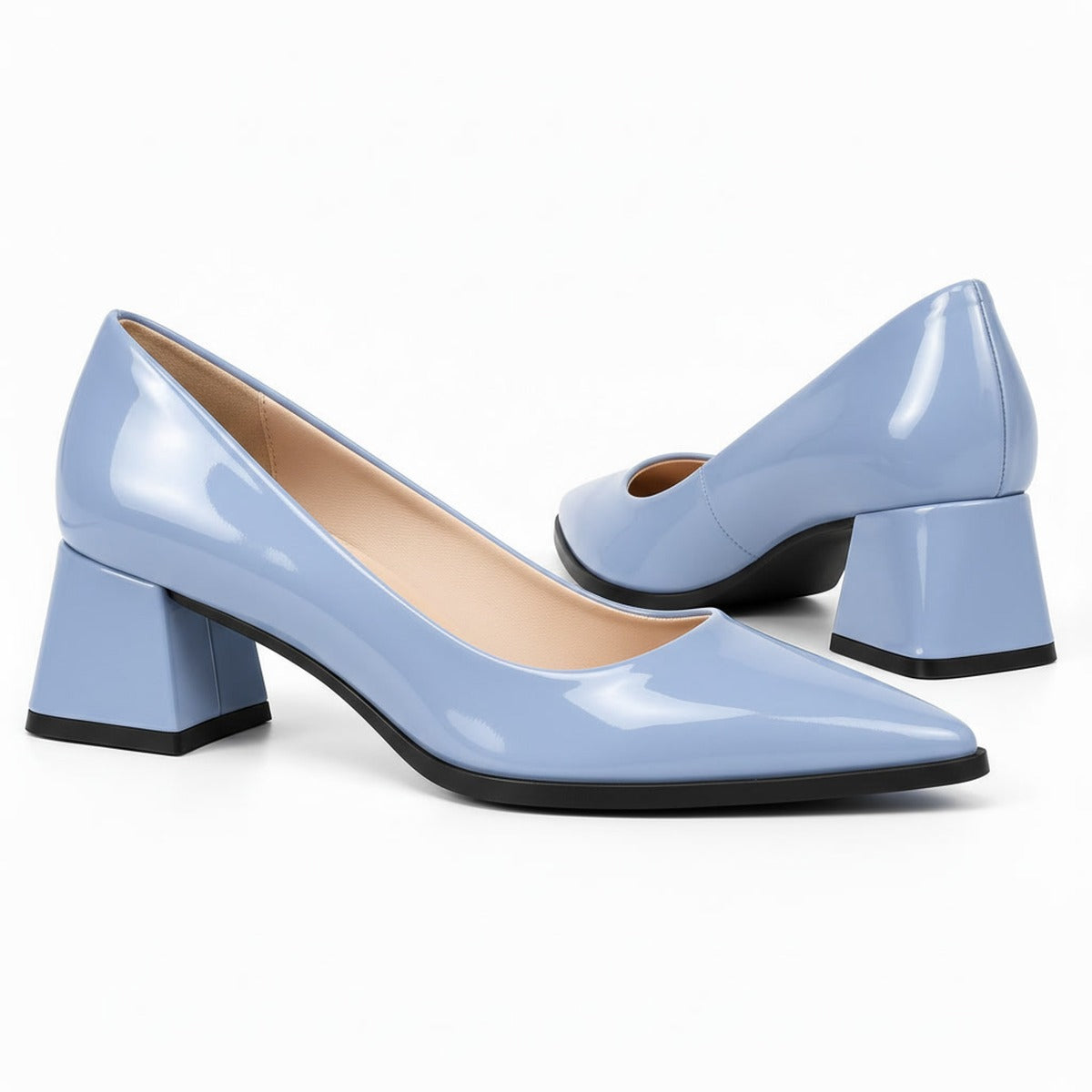 Light Blue gloss pointed pump with low 5 cm flared block heel, the pair — ECADRA
