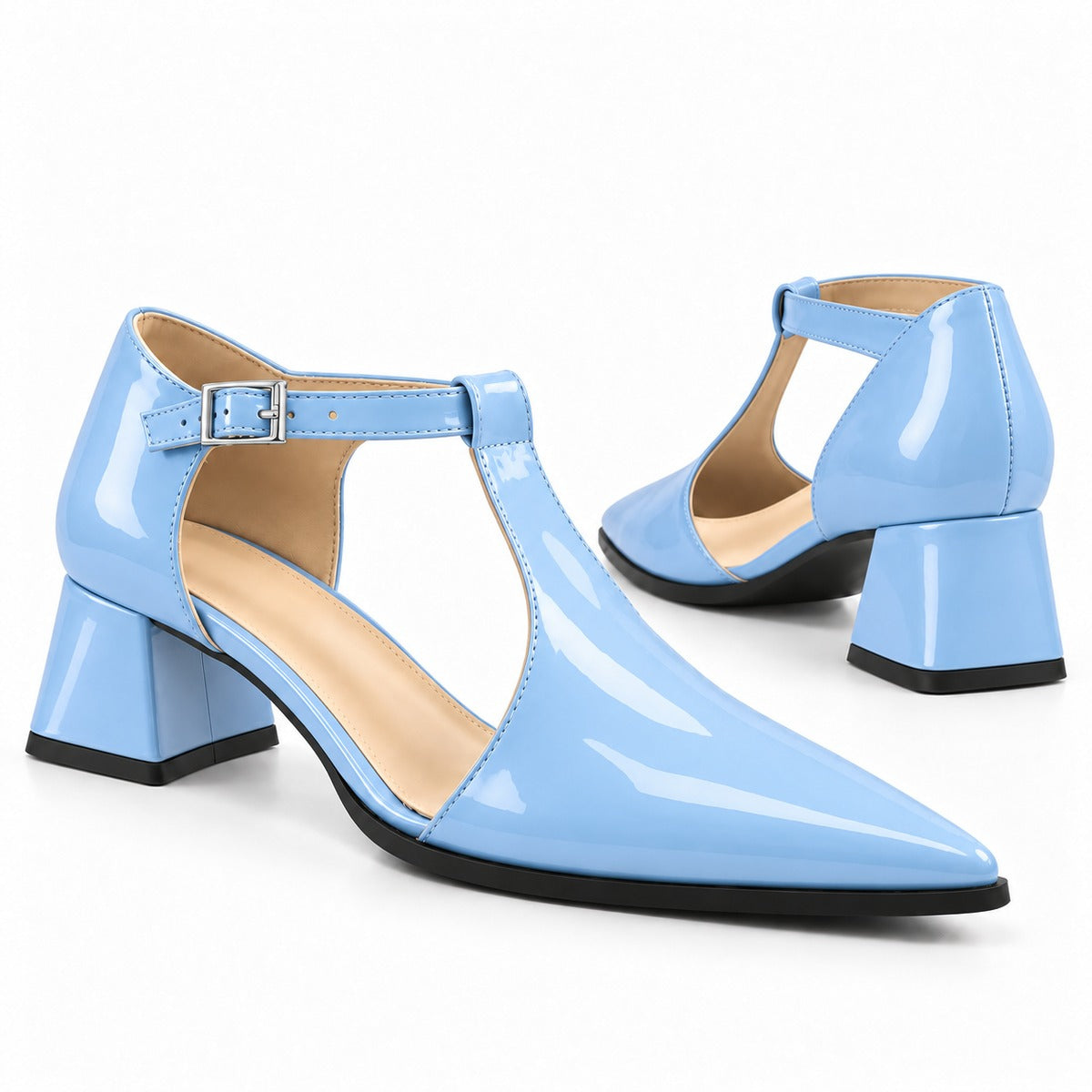 Light Blue gloss T-strap heels with wide strap, silver buckle and 5 cm flared heel, the pair — ECADRA