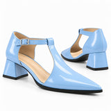 Light Blue gloss T-strap heels with wide strap, silver buckle and 5 cm flared heel, the pair — ECADRA