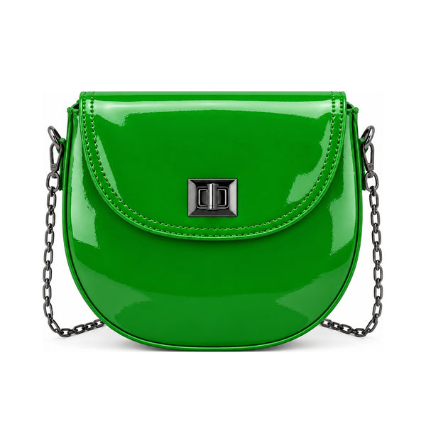 Lock In Crossbody Bright Green – شنطة كروس حريمي بقفل جلد لامع PU أخضر فاقع، من قدام – ECADRA