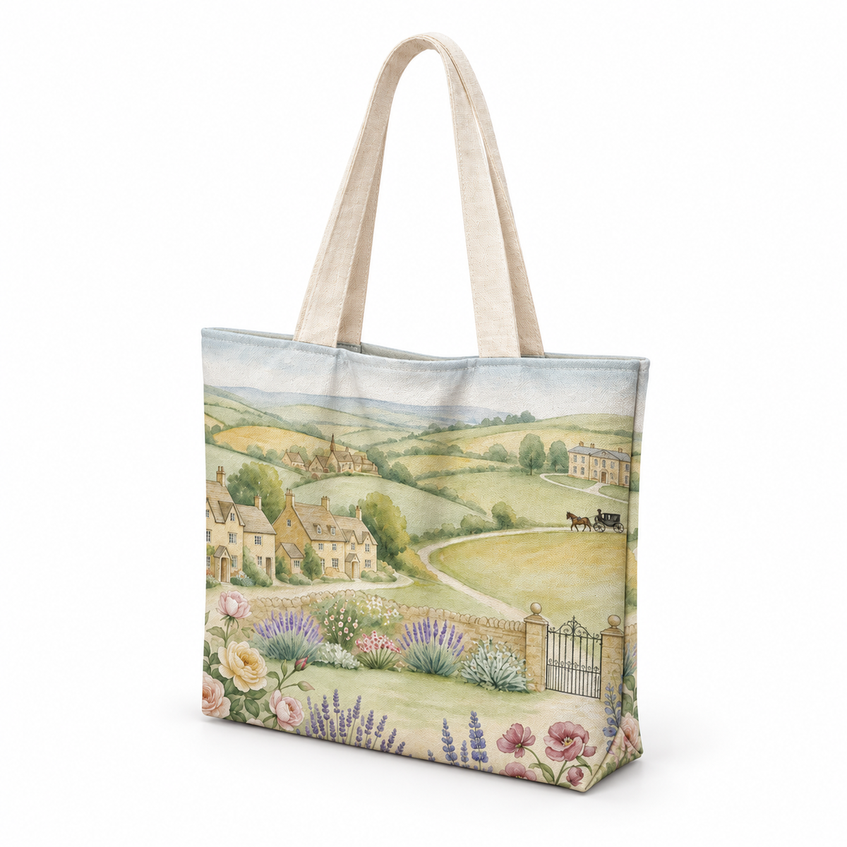 Maxi Tote Bag–English Countryside Watercolor – شنطة توت كبيرة، من الجنب – ECADRA