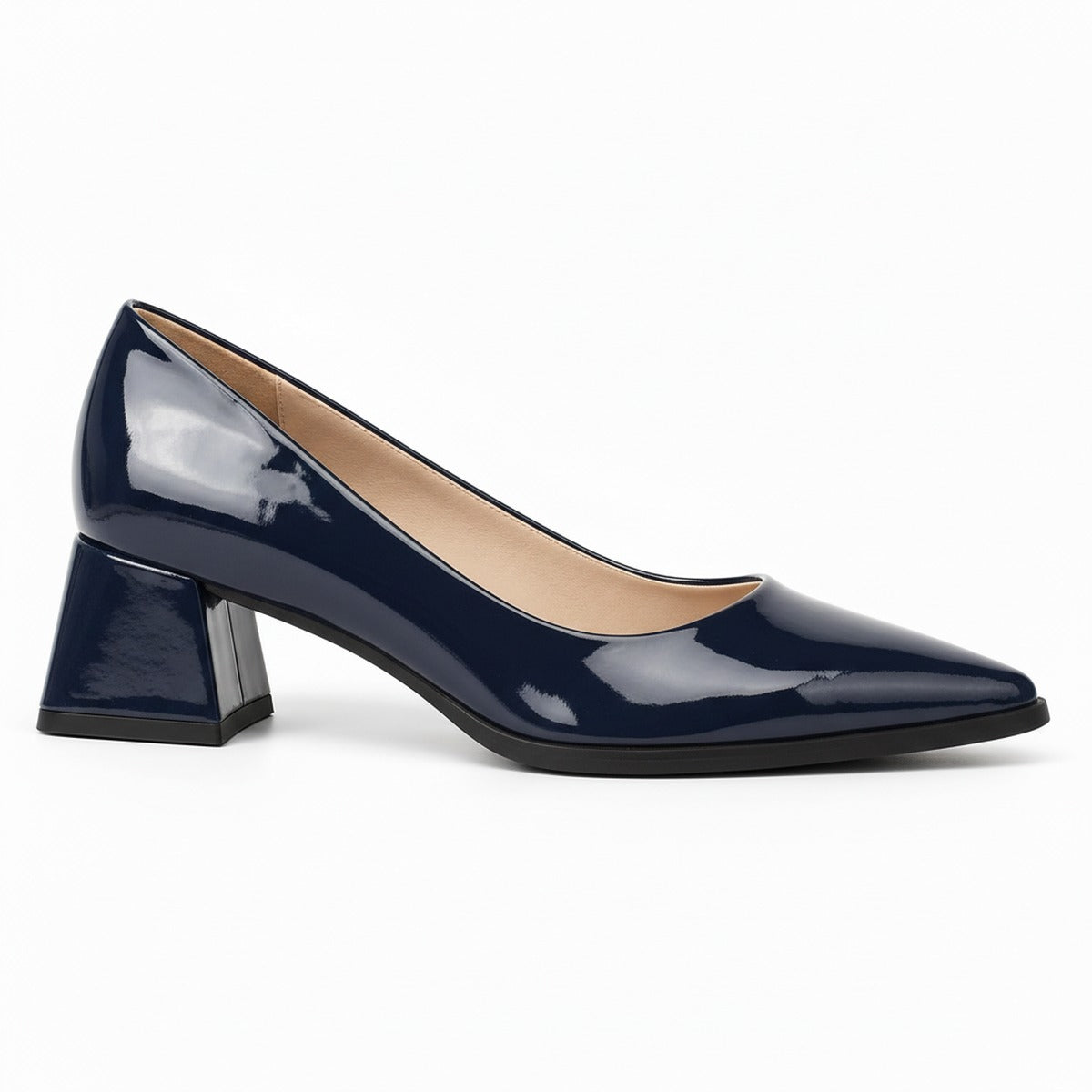 Navy gloss pointed pump with low 5 cm flared block heel, side view — ECADRA