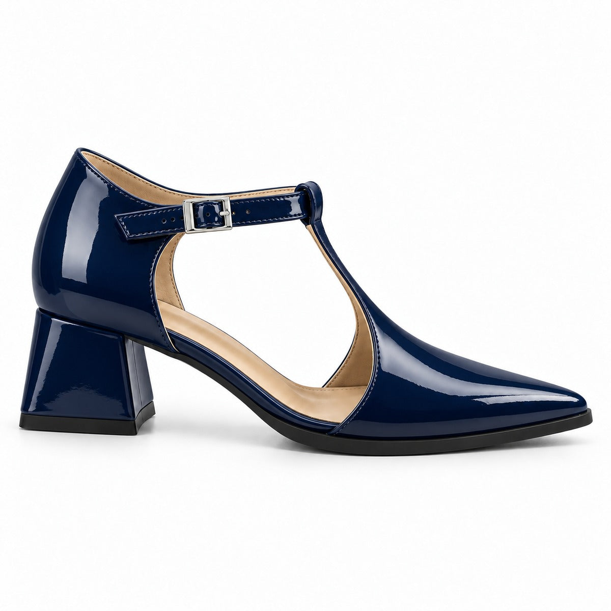 Navy gloss T-strap heels with wide strap, silver buckle and 5 cm flared heel, side view — ECADRA