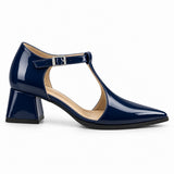 Navy gloss T-strap heels with wide strap, silver buckle and 5 cm flared heel, side view — ECADRA