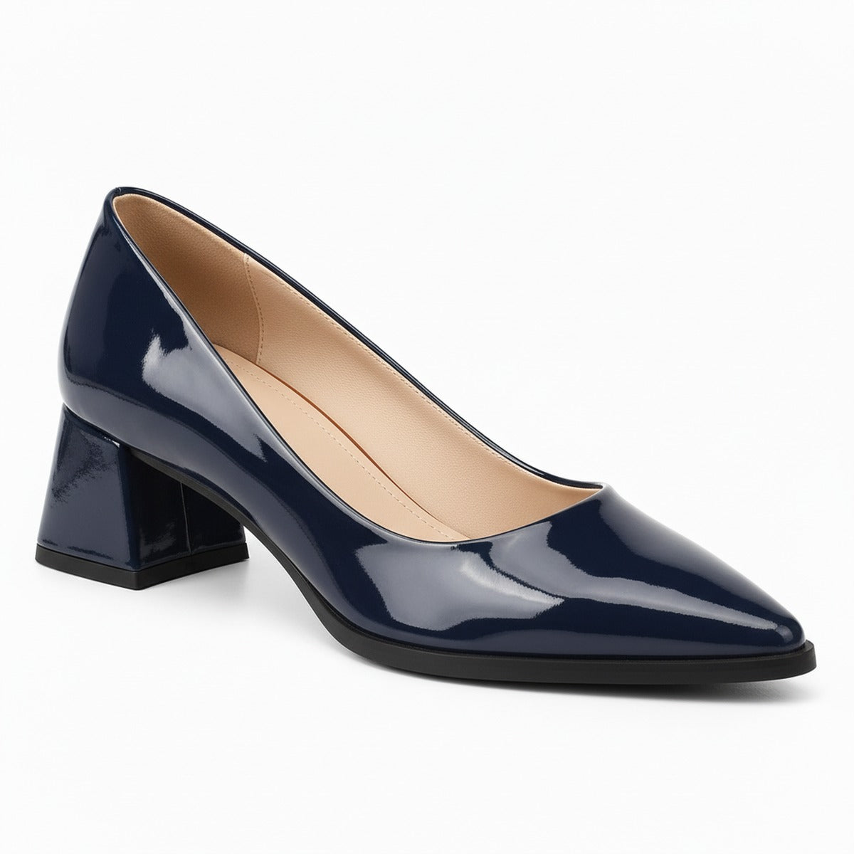 Navy gloss pointed pump with low 5 cm flared block heel, front three-quarter view — ECADRA