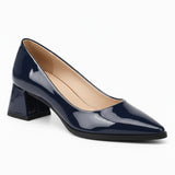 Navy gloss pointed pump with low 5 cm flared block heel, front three-quarter view — ECADRA