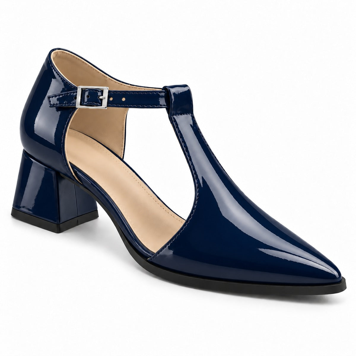Navy gloss T-strap heels with wide strap, silver buckle and 5 cm flared heel, front three-quarter view — ECADRA