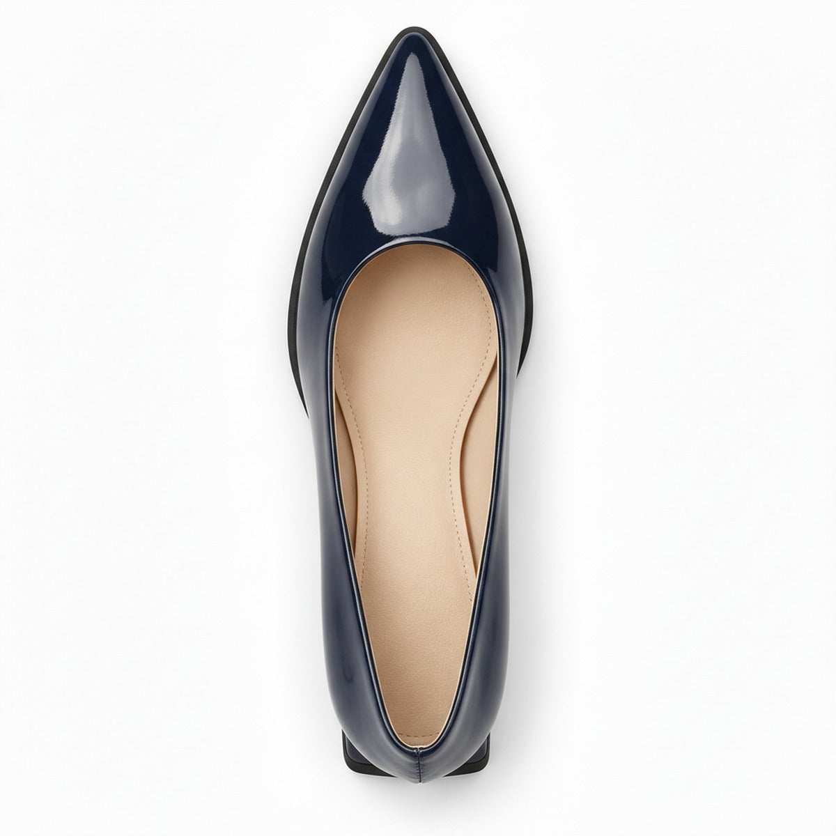 Navy gloss pointed pump with low 5 cm flared block heel, top view — ECADRA