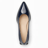 Navy gloss pointed pump with low 5 cm flared block heel, top view — ECADRA