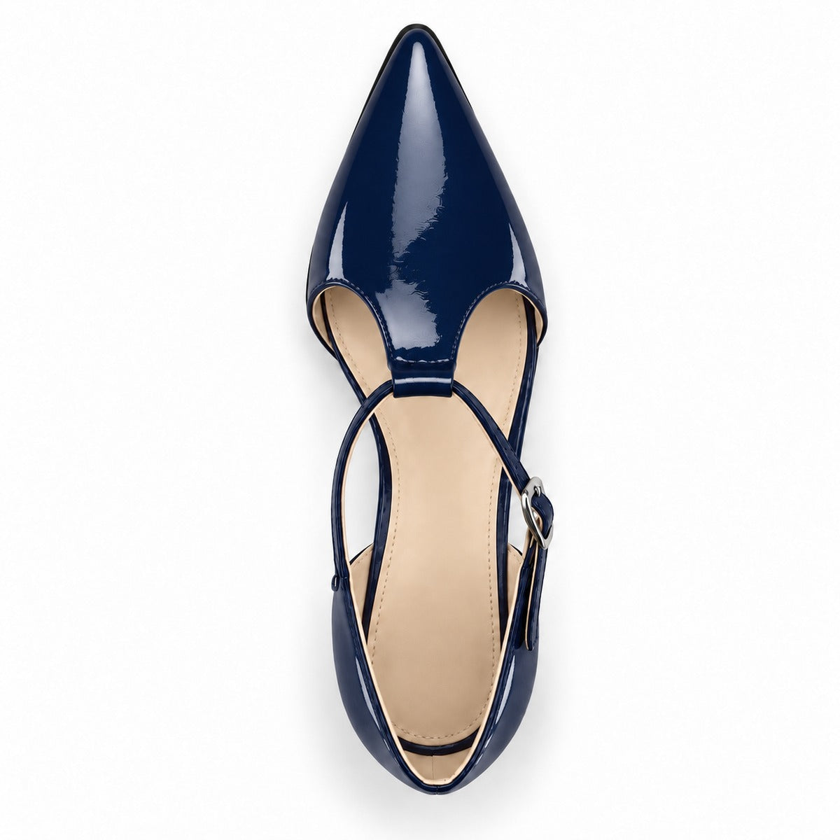 Navy gloss T-strap heels with wide strap, silver buckle and 5 cm flared heel, top view — ECADRA