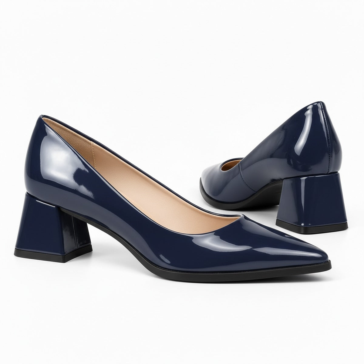 Navy gloss pointed pump with low 5 cm flared block heel, the pair — ECADRA