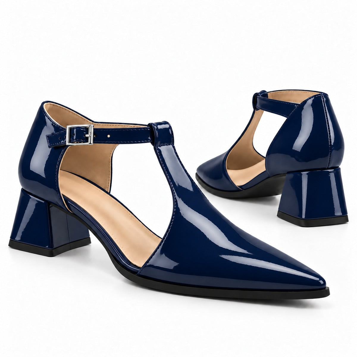 Navy gloss T-strap heels with wide strap, silver buckle and 5 cm flared heel, the pair — ECADRA
