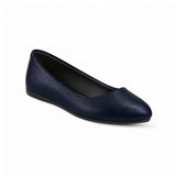 Navy Blue Solid Round Toe – كوتشي فلات حريمي جلد كحلي، مايلة – ECADRA