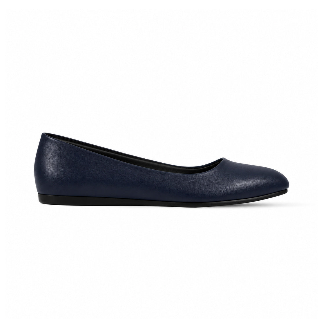 Navy Blue Solid Round Toe – كوتشي فلات حريمي جلد كحلي، من الجنب – ECADRA
