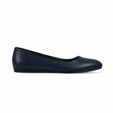 Navy Blue Solid Round Toe – كوتشي فلات حريمي جلد كحلي، من الجنب – ECADRA