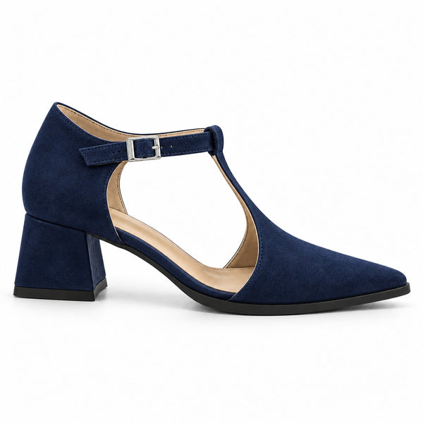 Navy suede T-strap heels with wide strap, silver buckle and 5 cm flared heel, side view — ECADRA