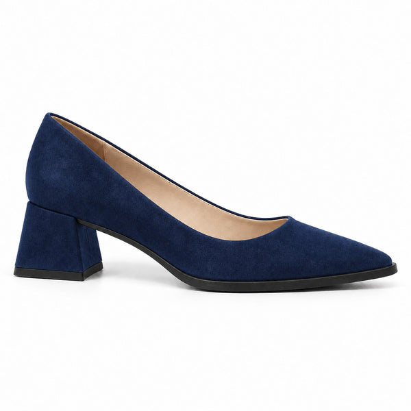 Navy suede pointed pump with low 5 cm flared block heel, side view — ECADRA