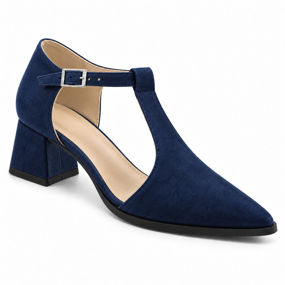 Navy suede T-strap heels with wide strap, silver buckle and 5 cm flared heel, front three-quarter view — ECADRA