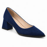 Navy suede pointed pump with low 5 cm flared block heel, front three-quarter view — ECADRA