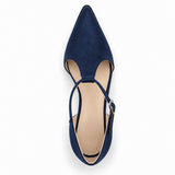 Navy suede T-strap heels with wide strap, silver buckle and 5 cm flared heel, top view — ECADRA